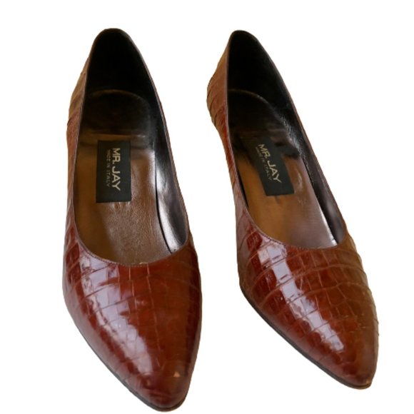 Mr. Jay Vintage 80's Italian Brown Croc Print Leather Pump Pointed Toe - Picture 7 of 16
